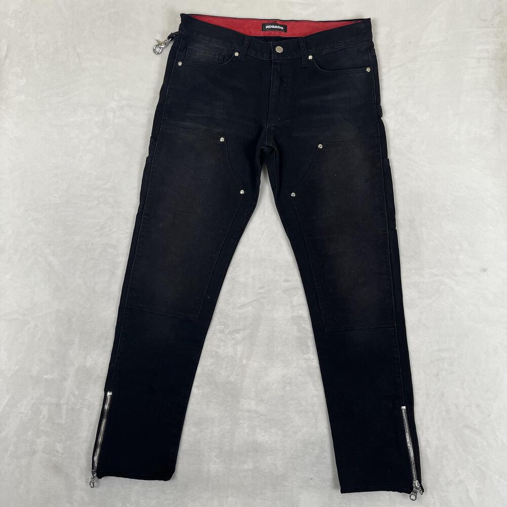 Rosado Double Knee Jeans Mens 32x32 Black Slim Denim Ankle Zip Dark Grunge Emo